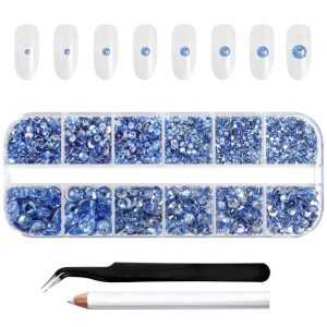 Rhinestones for Makeup,8 sizes 2500pcs Flatback Rhinestones Face Gems for Nails Crafts with Tweezers and Wax Pencil- Light Sapphire