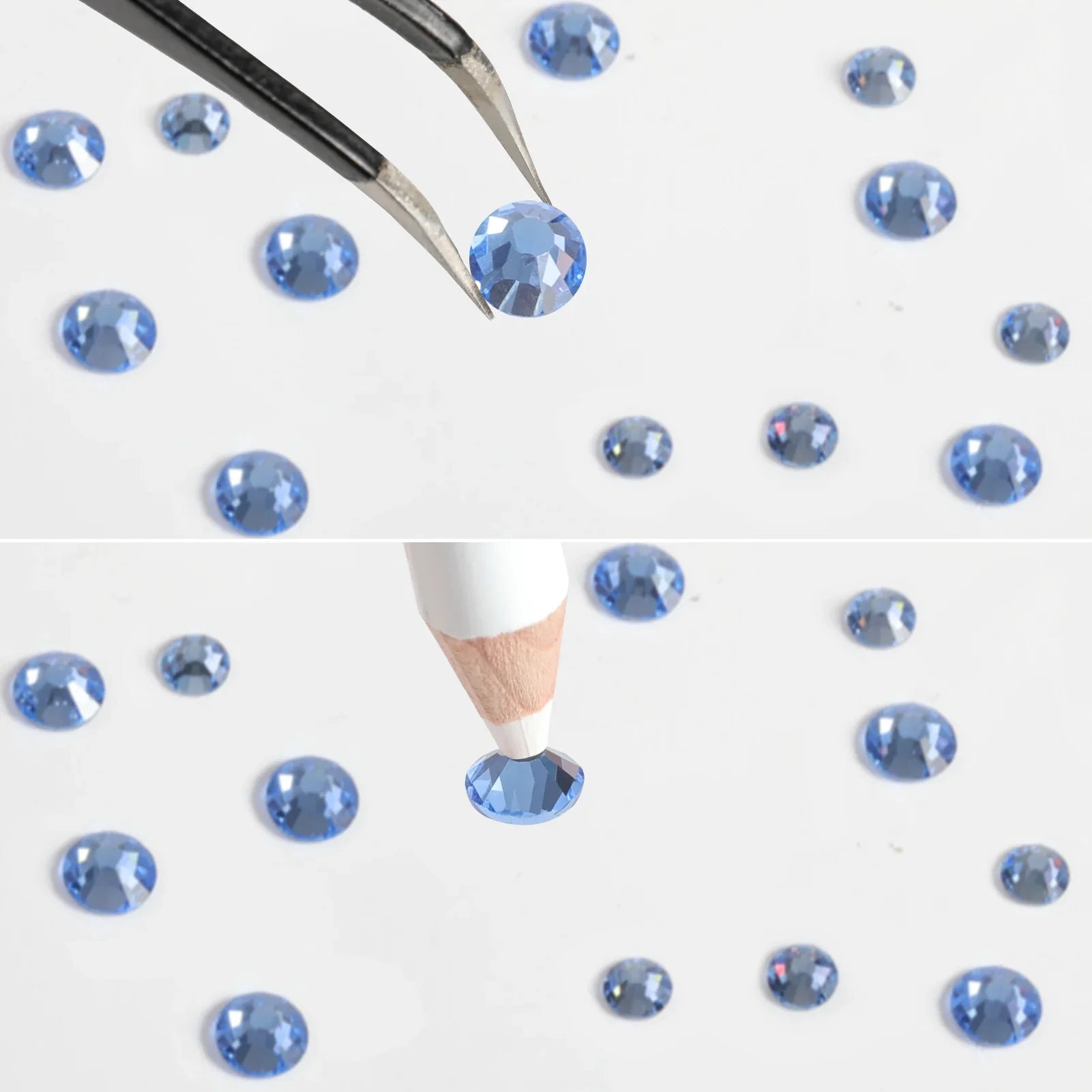Rhinestones for Makeup,8 sizes 2500pcs Flatback Rhinestones Face Gems for Nails Crafts with Tweezers and Wax Pencil- Light Sapphire - Image 4