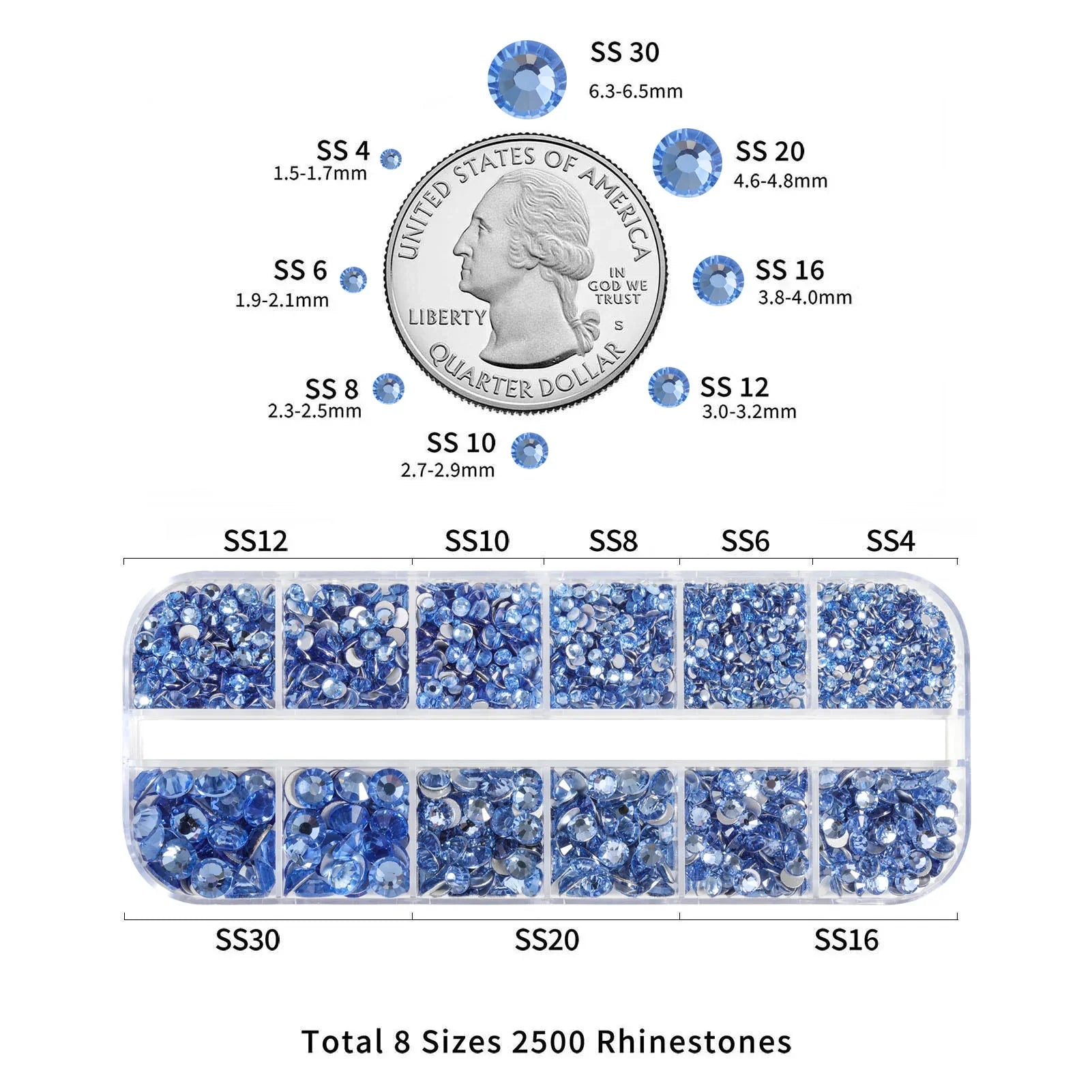 Rhinestones for Makeup,8 sizes 2500pcs Flatback Rhinestones Face Gems for Nails Crafts with Tweezers and Wax Pencil- Light Sapphire - Image 3