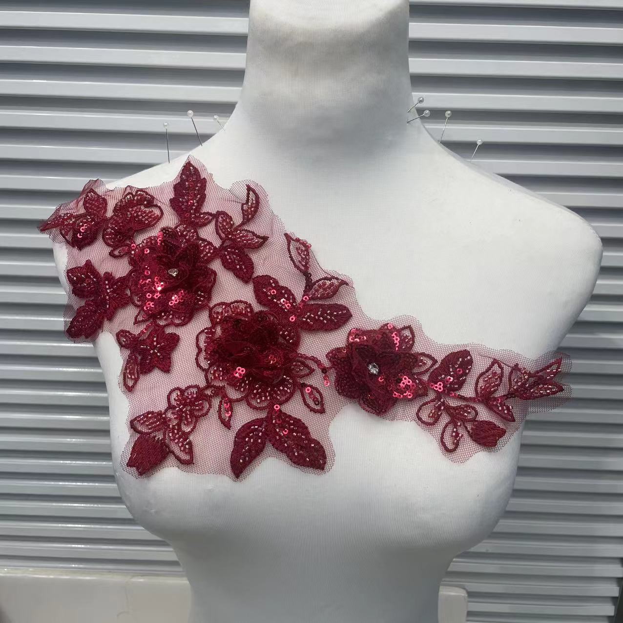 Shimmering Lace Floral Appliqué with Crystal Beads, Metallic Cord & Tulle – Matching Pair Embroidered Trim for Collar, Bridal Gowns & DIY Wedding Dress Embellishment - Image 3