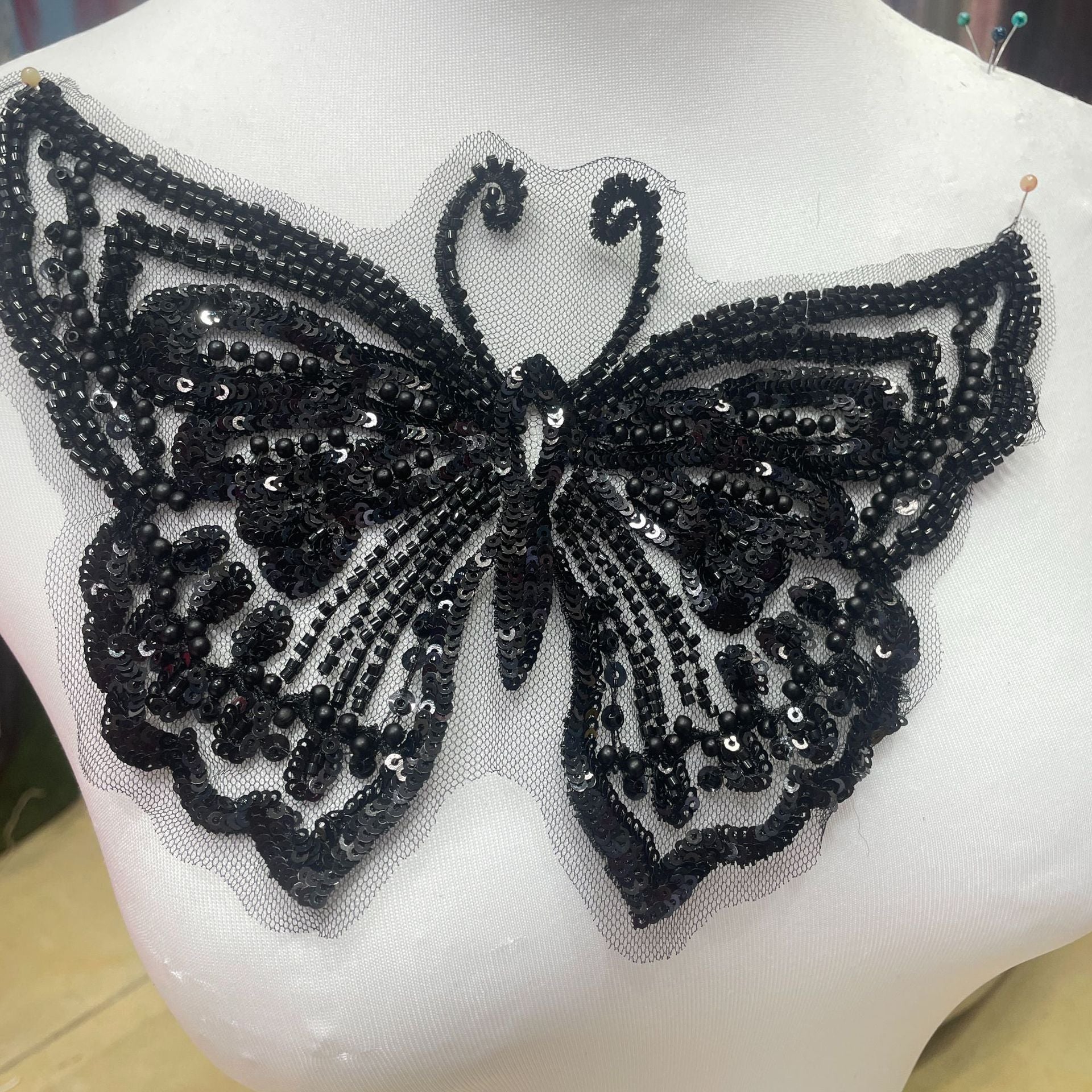 Machine-Embroidered Beaded Sequin Butterfly Collar Applique - 3D Floral Lace Neck Patch for Bridal Gown & Evening Dress DIY Decor - Image 2