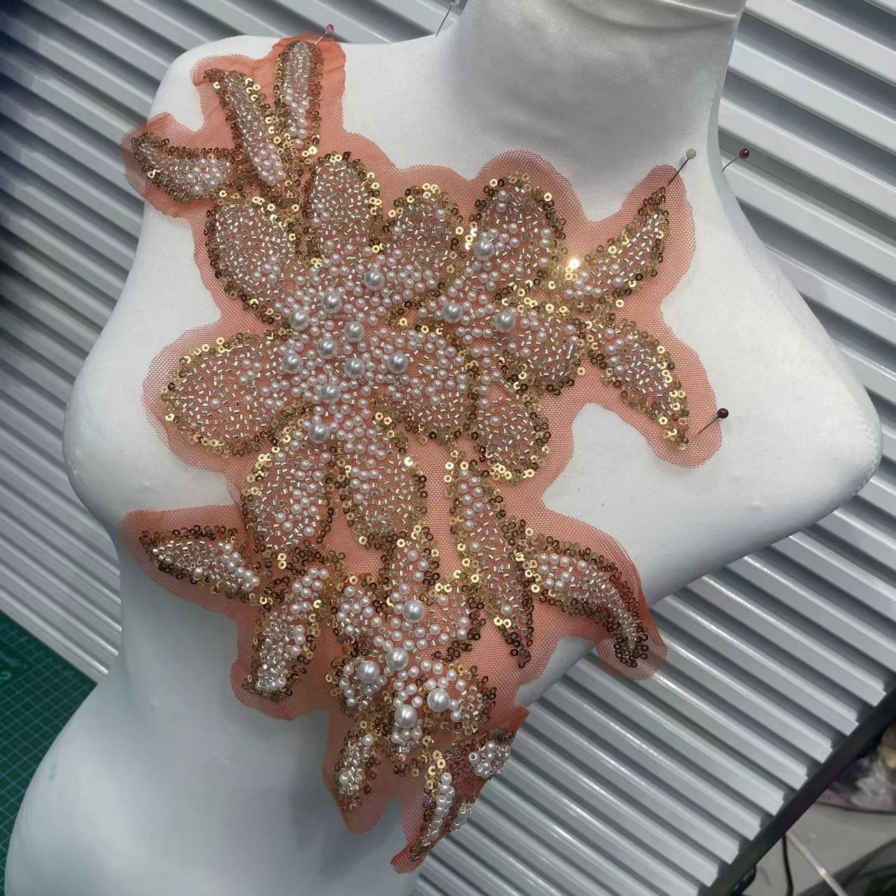 3D Beaded Floral Appliqué for Wedding Dresses | Rhinestone Neckline Trim - Image 3