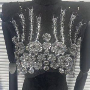 Handcrafted Beaded Rhinestone Sequin Applique Patch - White & Gold Round Neck Tulle Collar DIY Clothing Decor