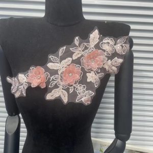 Shimmering Lace Floral Appliqué with Crystal Beads, Metallic Cord & Tulle – Matching Pair Embroidered Trim for Collar, Bridal Gowns & DIY Wedding Dress Embellishment
