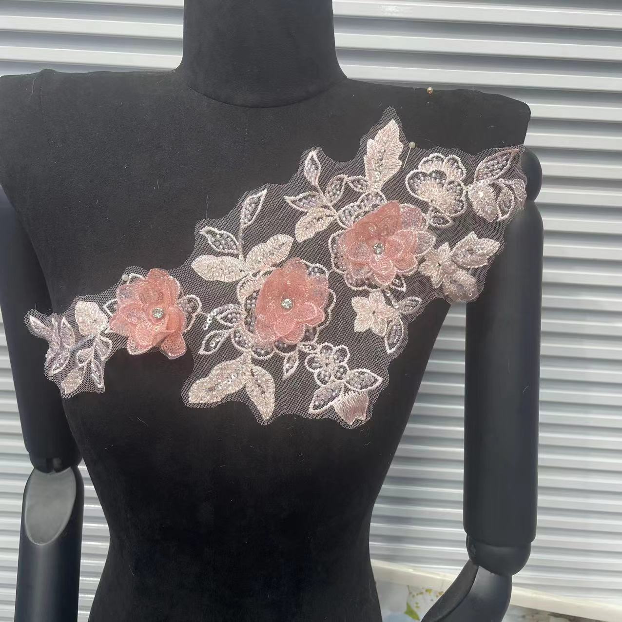 Shimmering Lace Floral Appliqué with Crystal Beads, Metallic Cord & Tulle – Matching Pair Embroidered Trim for Collar, Bridal Gowns & DIY Wedding Dress Embellishment - Image 10