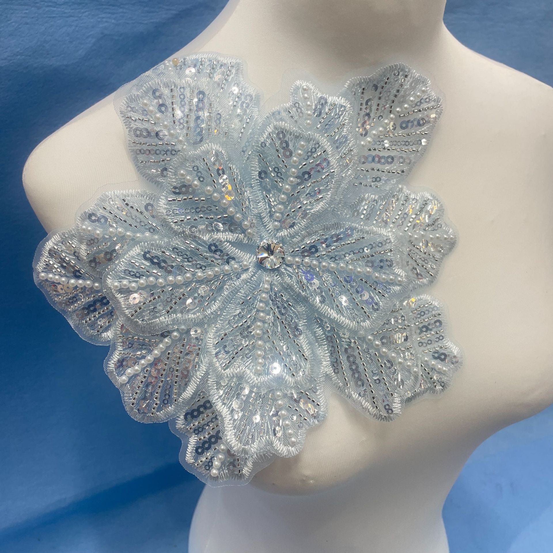 Large Floral Lace Appliqué Trim with Sequins & Beading – Embellished DIY Sew-On Embroidered Flower for Wedding Dresses, Evening Gowns & Bridal Fashion Accessories - Image 2