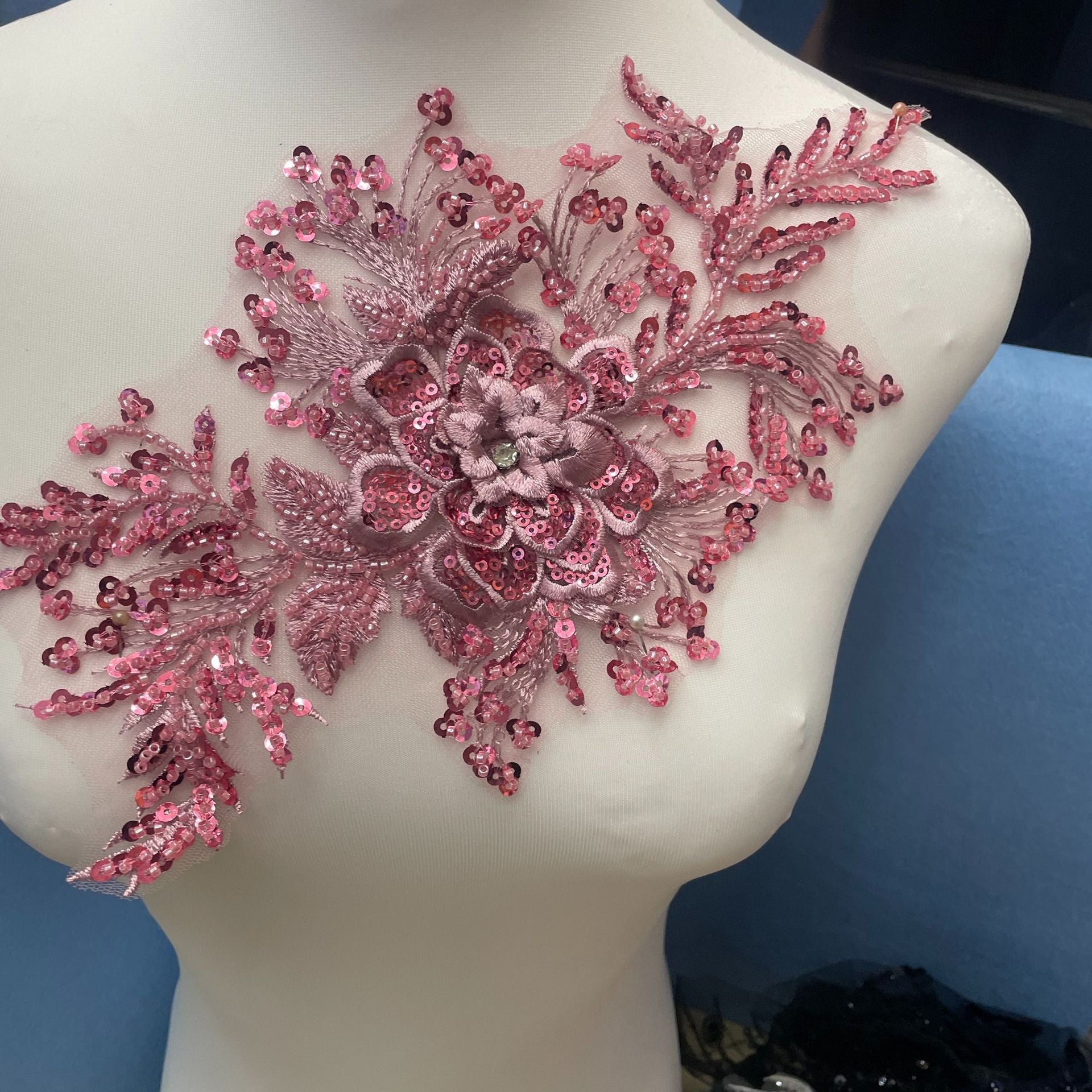 Premium Lace Floral Appliqué with Hand-Sewn Beads & Sequins – Embellished Wedding Dress Trim for Bridal Gowns, DIY Sewing Embroidery Patch, Delicate Lace Edging for Formal Wear & Craft Projects - Image 2