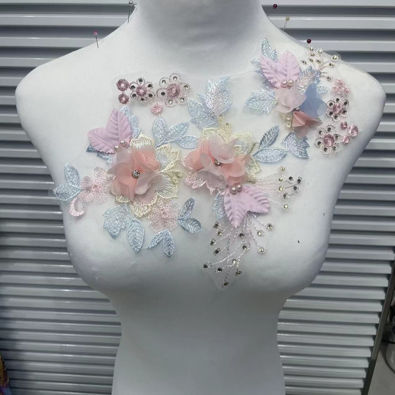 3D Embroidered Floral Appliqué | Beaded Rhinestone Sew-On Trim