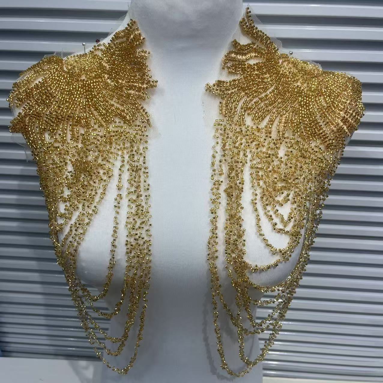 Elegant Vintage Bridal Shoulder Applique, Heavy Embroidery Patch with Crystal Pearl Beads Fringe for Wedding Gown, Prom Dress, Pageant Costume - Image 10