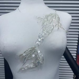 Koi Fish Inspired Heavy Embellishment Trim – Lustrous White Shell Pearls, Tiny Seed Beads & Silver Thread Appliqué for Bridal Gowns, Evening Wear & Luxury DIY Fashion Accessories