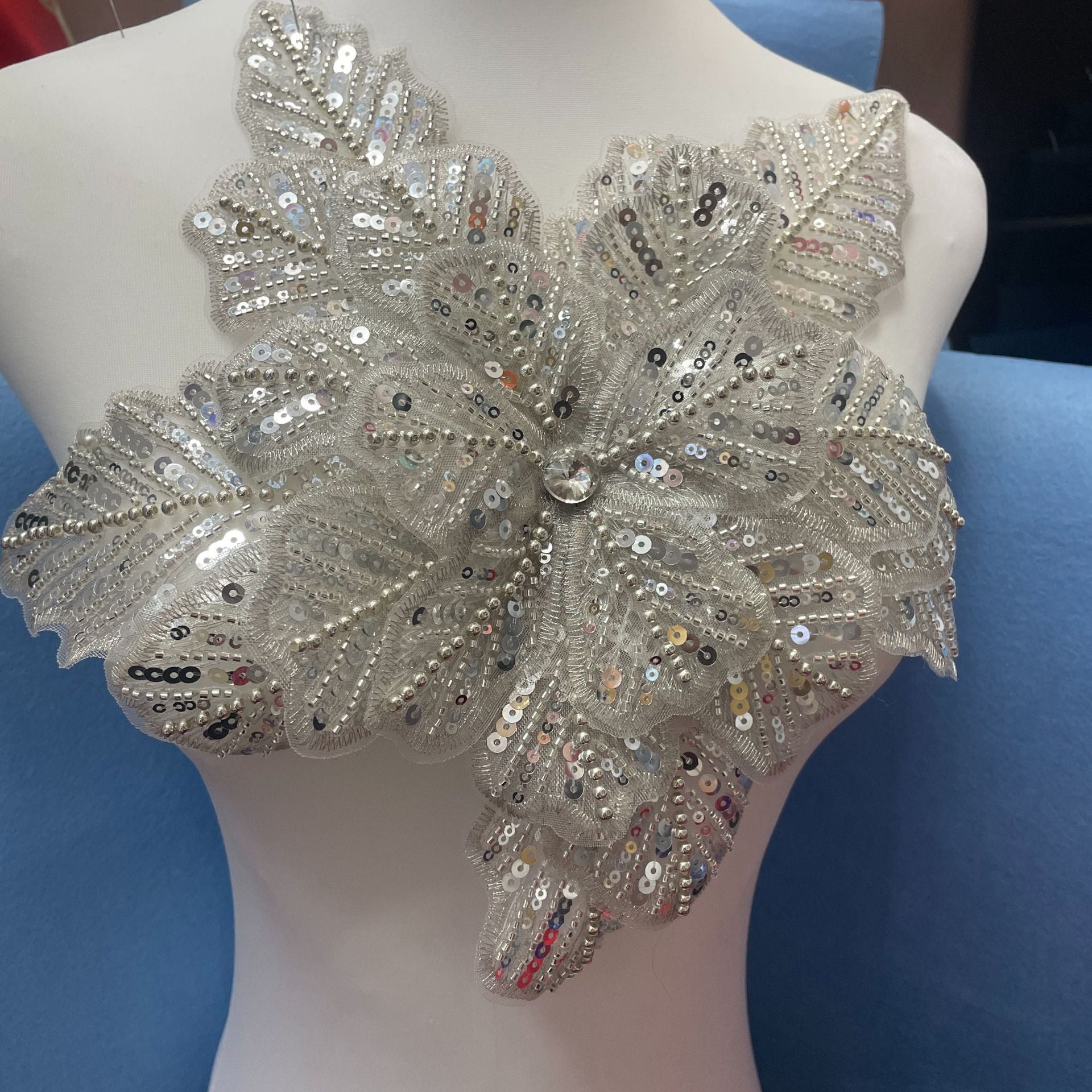 3D Extra-Large Snowflake Appliqué with 4-Layer Stiff Tulle, Fully Beaded & Sequined – Bold DIY Embellishment for Winter Wedding Dresses, Evening Gowns, Festival Costumes & Fashion Craft Projects - Image 9