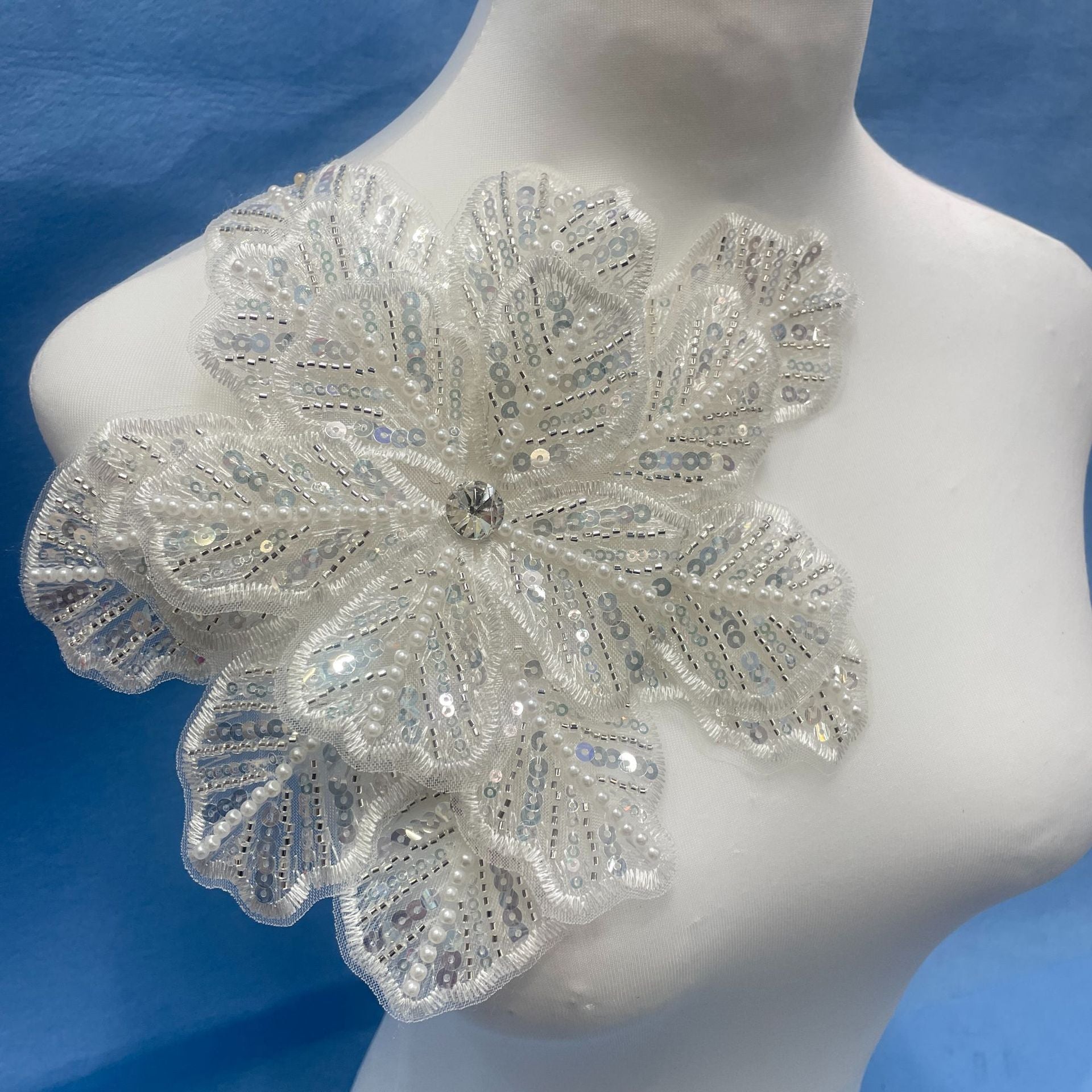 Large Floral Lace Appliqué Trim with Sequins & Beading – Embellished DIY Sew-On Embroidered Flower for Wedding Dresses, Evening Gowns & Bridal Fashion Accessories - Image 4