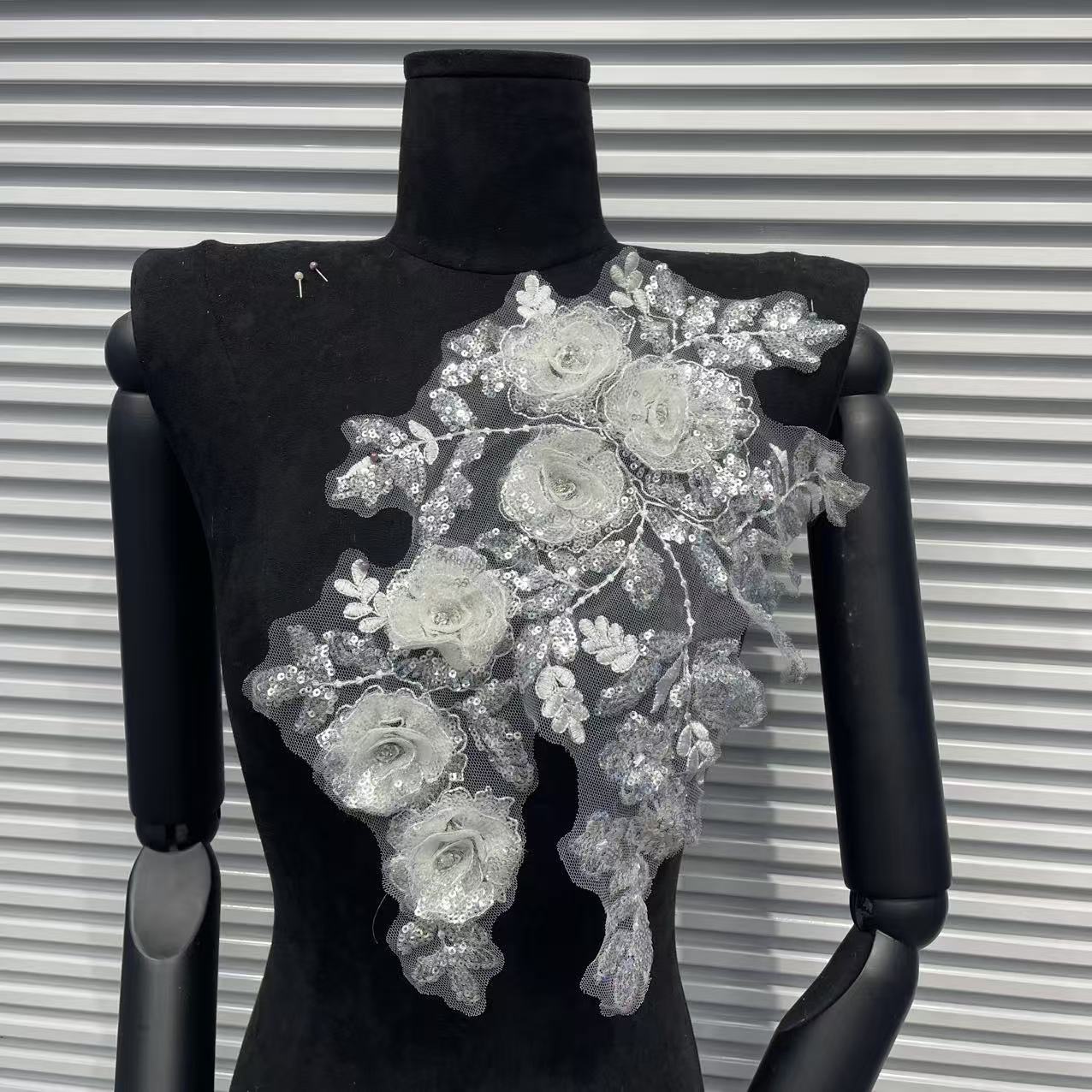 Beaded Lace Embroidered Appliqué Trim – Full-Coverage Sequin & Multi-Color Crystal Flower Motif, Matching Pair Design for Wedding Dresses, Evening Gowns & Bridal DIY Sewing Projects - Image 6