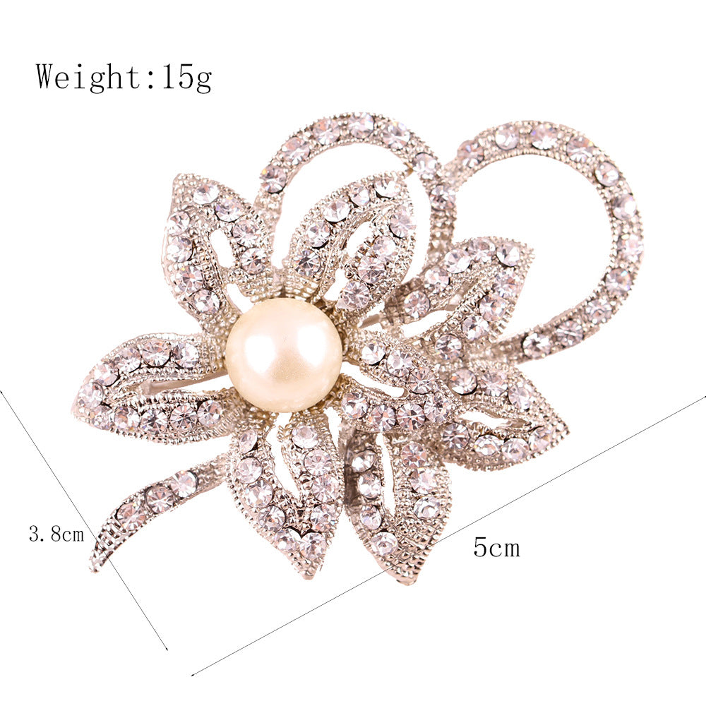 Versatile Silver Brooch - Twin Flower Pearl & Crystal Pin, Korean Fashion Eco Alloy Women's Jacket Accessory - Image 3
