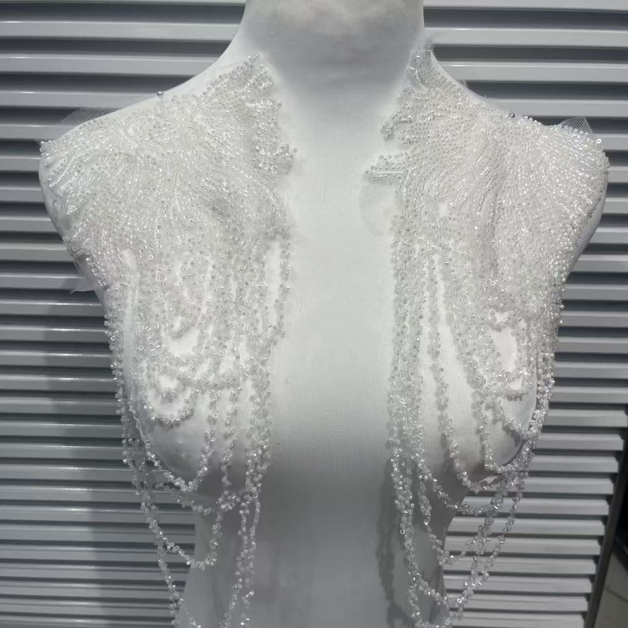 Elegant Vintage Bridal Shoulder Applique, Heavy Embroidery Patch with Crystal Pearl Beads Fringe for Wedding Gown, Prom Dress, Pageant Costume - Image 2