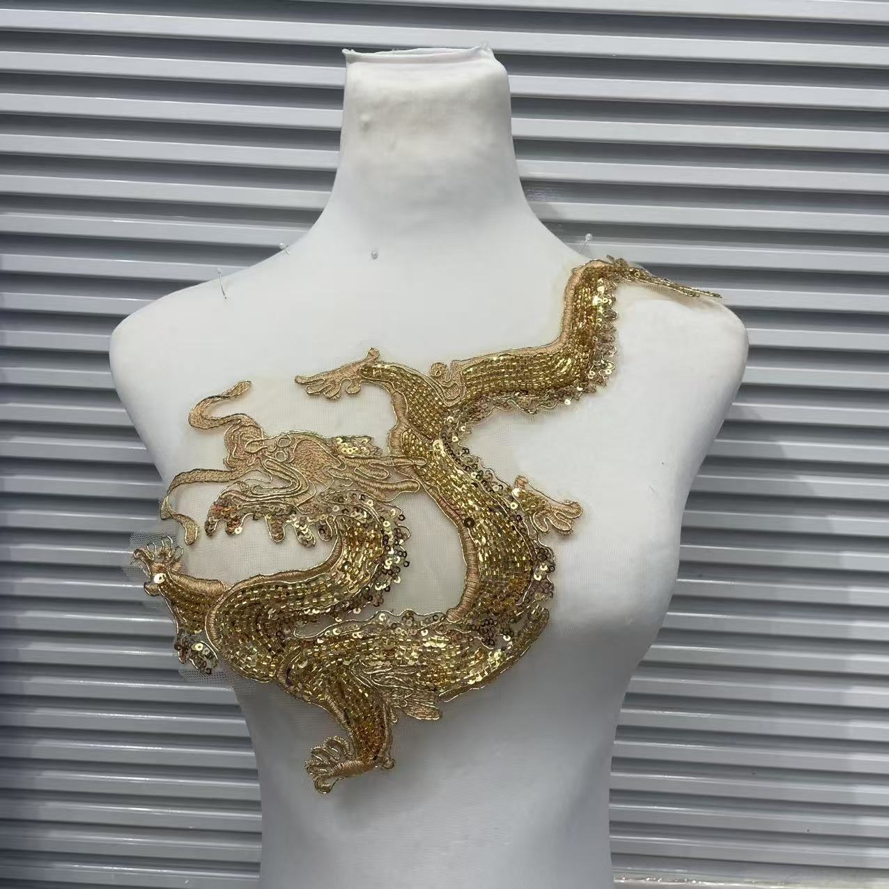 Dragon and Phoenix Embroidery Patch, Gold Sequins Applique for Wedding Cheongsam, Bridal Qipao, Traditional Chinese Costume - Image 2