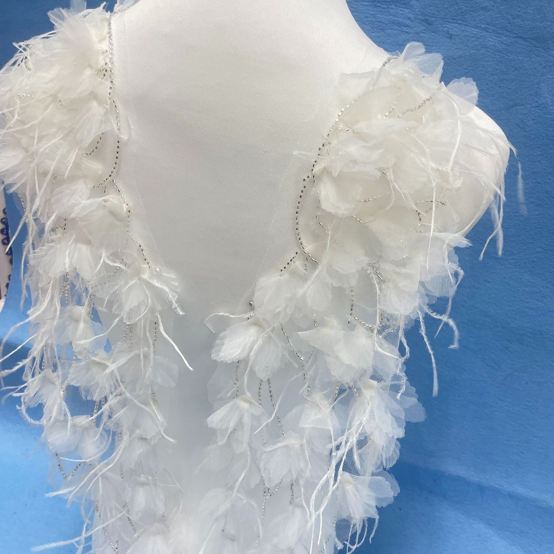 Ultra-Embellished Ostrich Feather & Beaded 3D Floral Sleeve Appliqué – Ethereal DIY Trim for Evening Gowns, Stage Costumes & Bridal Fashion Accessories - Image 6