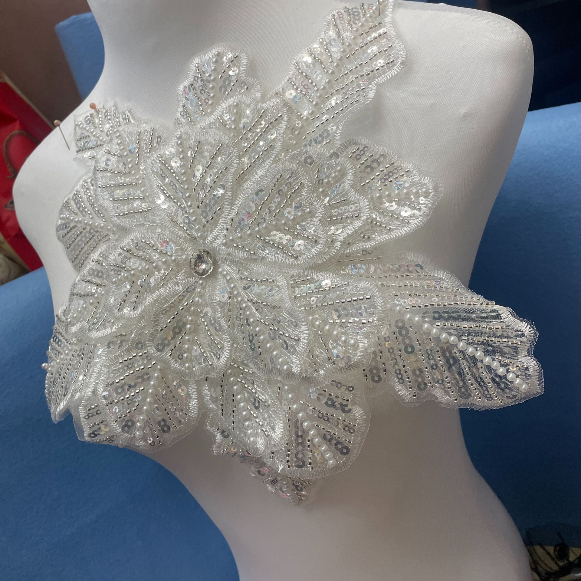 3D Extra-Large Snowflake Appliqué with 4-Layer Stiff Tulle, Fully Beaded & Sequined – Bold DIY Embellishment for Winter Wedding Dresses, Evening Gowns, Festival Costumes & Fashion Craft Projects - Image 2