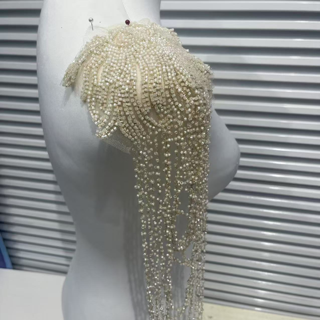Vintage Heavy Embroidered Shoulder Appliqué with Fringe, 3D Crystal & Beaded Pendant – Luxe Bridal Dress Trim for Wedding Gowns, Prom & Formal Wear, Ready-to-Sew Applique Patch - Image 13