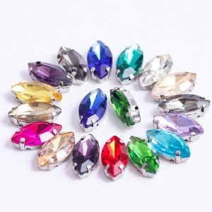 White Gold Plated Marquise Pointed-Back Rhinestones with Holes for Sewing