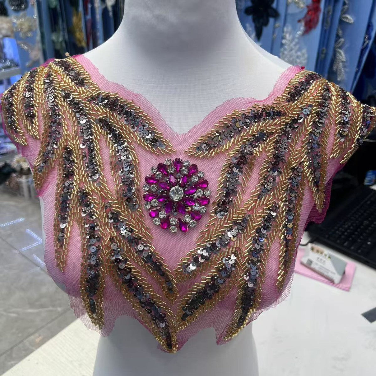 Multicolor Hand-Beading Lace Trim with Crystal Glass Rhinestones & Seed Beads – Embellished DIY Appliqué for Wedding Dresses, Evening Gowns, Qipao & Bridal Fashion Sewing Projects - Image 3