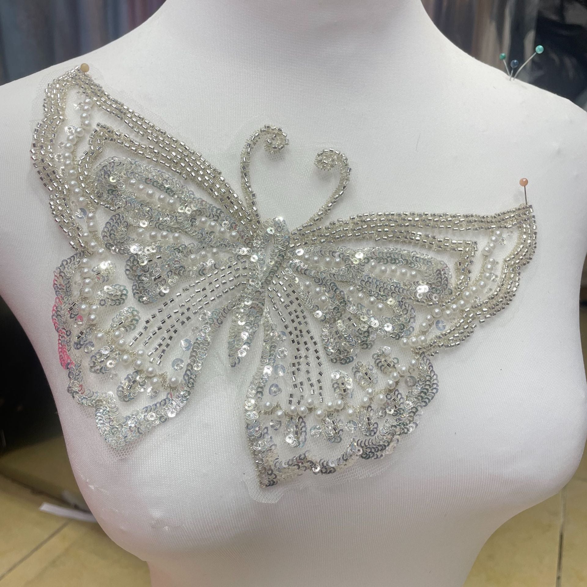 Machine-Embroidered Beaded Sequin Butterfly Collar Applique - 3D Floral Lace Neck Patch for Bridal Gown & Evening Dress DIY Decor - Image 3