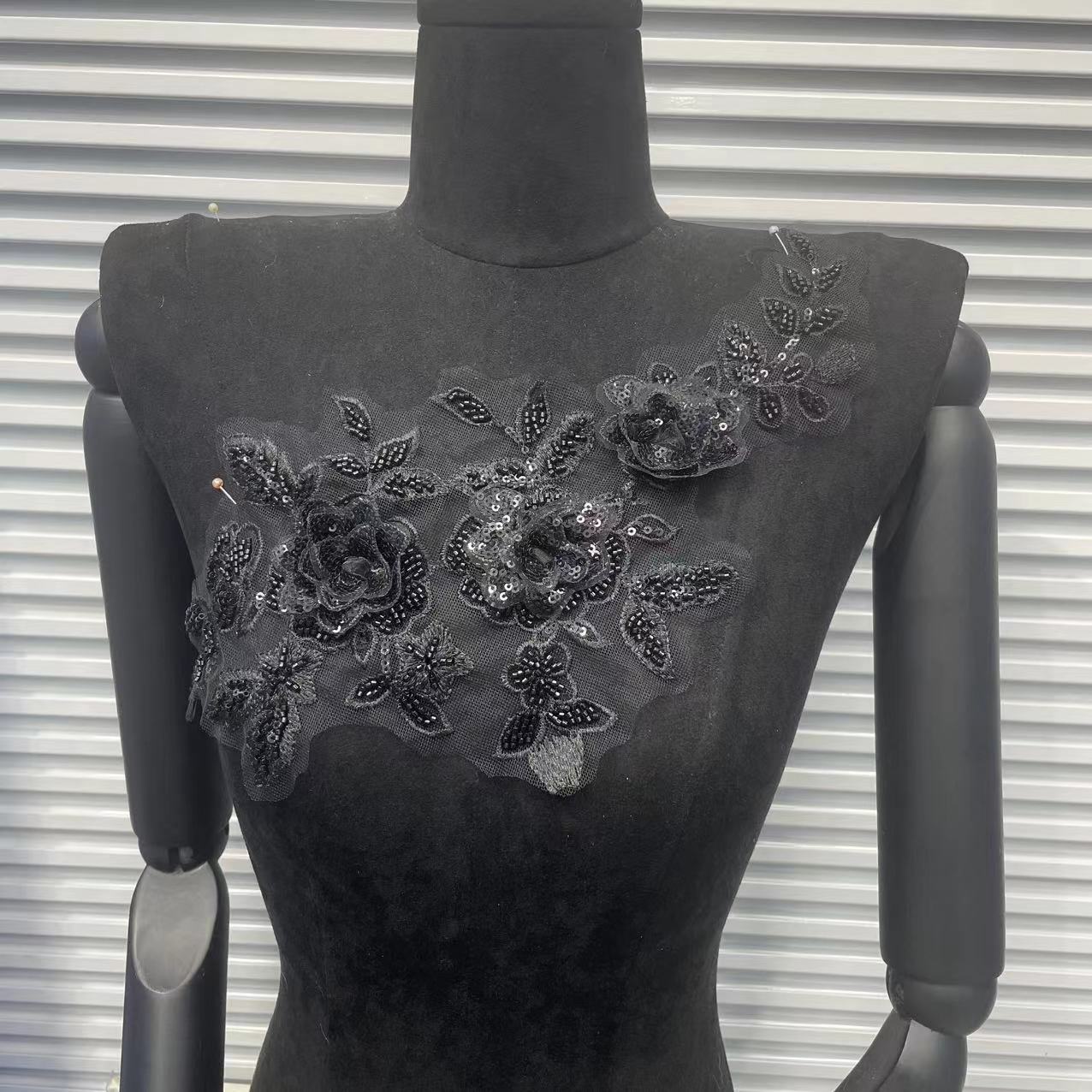 Shimmering Lace Floral Appliqué with Crystal Beads, Metallic Cord & Tulle – Matching Pair Embroidered Trim for Collar, Bridal Gowns & DIY Wedding Dress Embellishment - Image 2