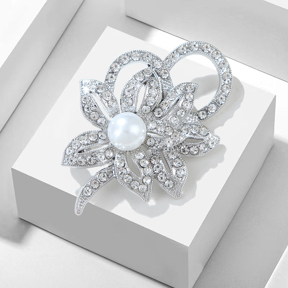 Versatile Silver Brooch - Twin Flower Pearl & Crystal Pin, Korean Fashion Eco Alloy Women's Jacket Accessory - Image 2