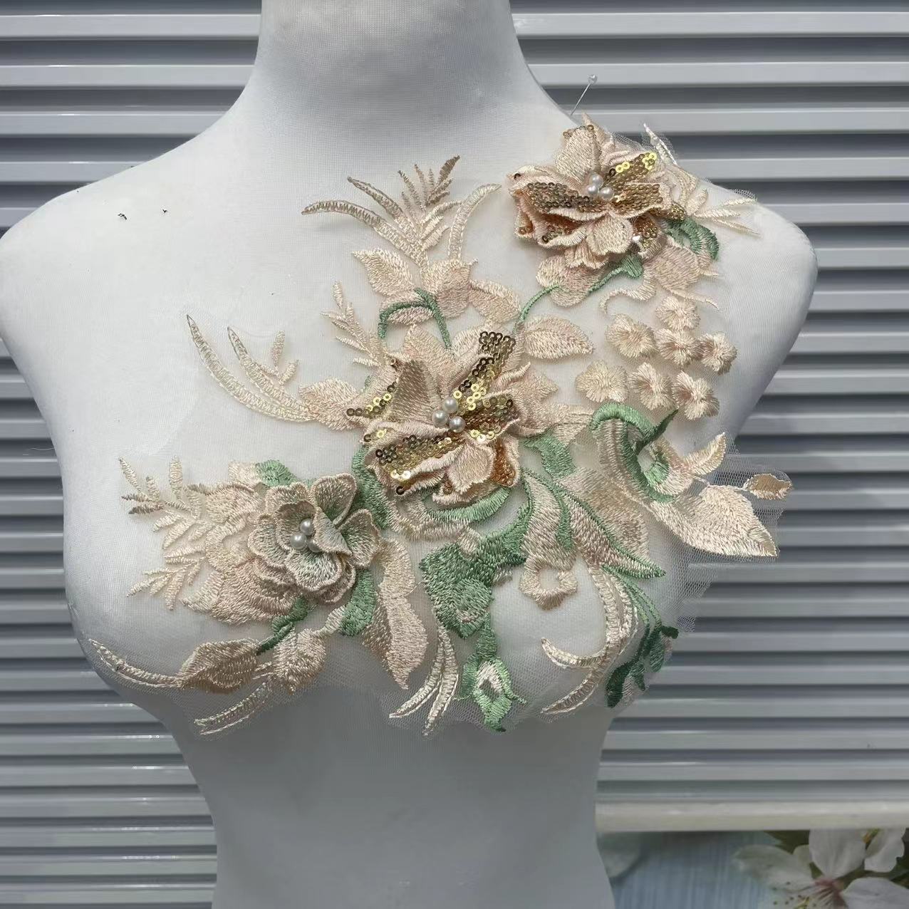 3D Beaded Floral Appliqué for Wedding Dresses | Sequin Tulle Trim