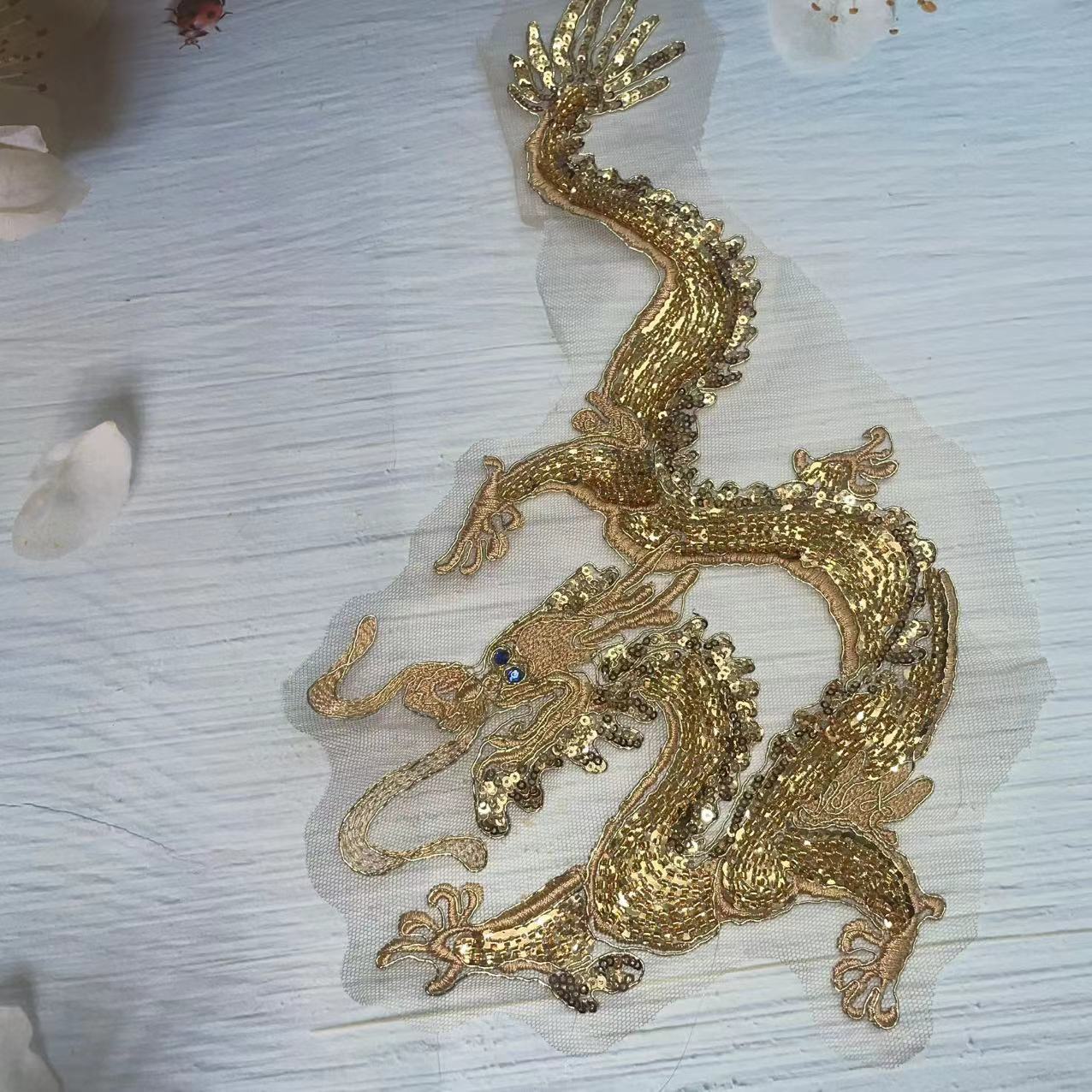 Dragon and Phoenix Embroidery Patch, Gold Sequins Applique for Wedding Cheongsam, Bridal Qipao, Traditional Chinese Costume - Image 4