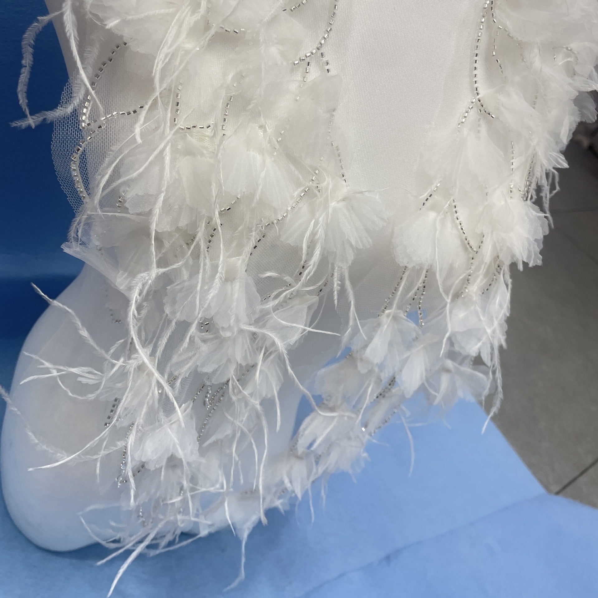 Ultra-Embellished Ostrich Feather & Beaded 3D Floral Sleeve Appliqué – Ethereal DIY Trim for Evening Gowns, Stage Costumes & Bridal Fashion Accessories - Image 2