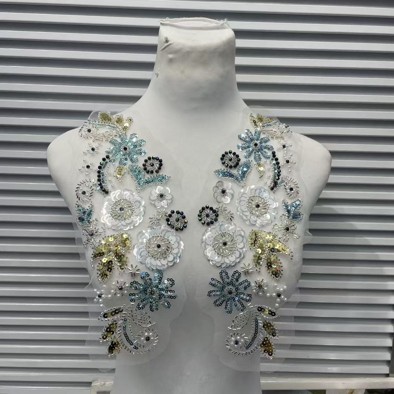 3D Beaded Floral Appliqué for Wedding Dresses | Crystal & Pearl Collar Trim - Image 6