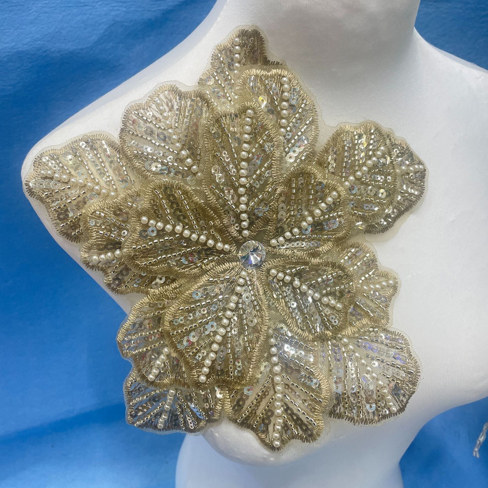 Large Floral Lace Appliqué Trim with Sequins & Beading – Embellished DIY Sew-On Embroidered Flower for Wedding Dresses, Evening Gowns & Bridal Fashion Accessories - Image 3