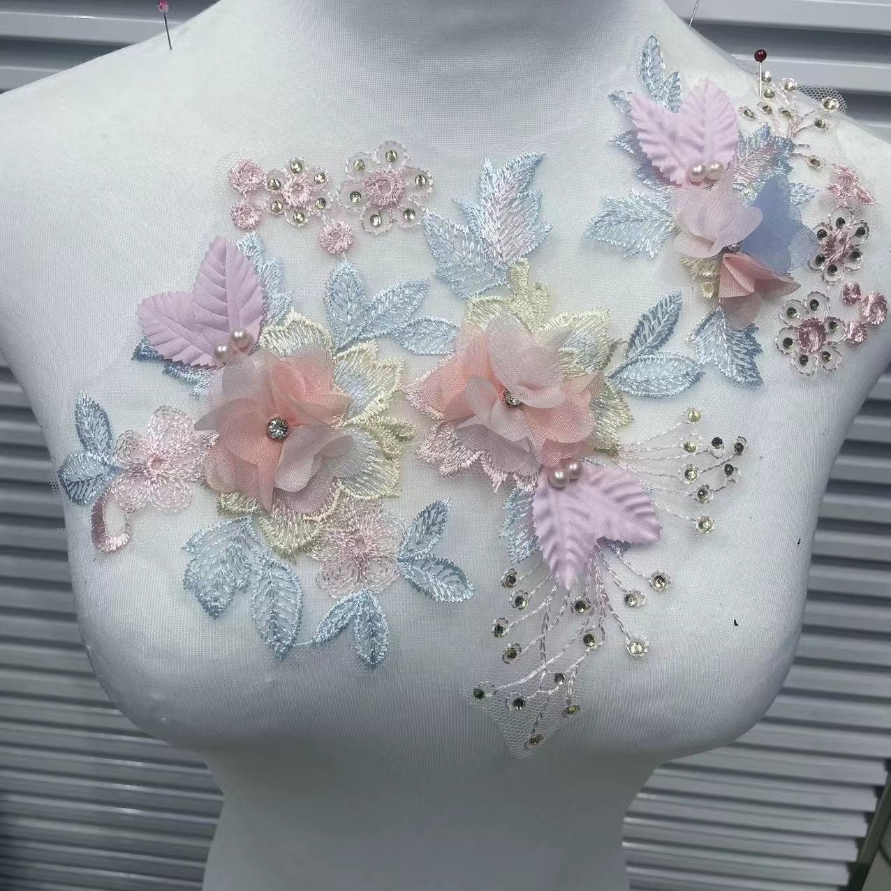 3D Embroidered Floral Appliqué | Beaded Rhinestone Sew-On Trim - Image 6
