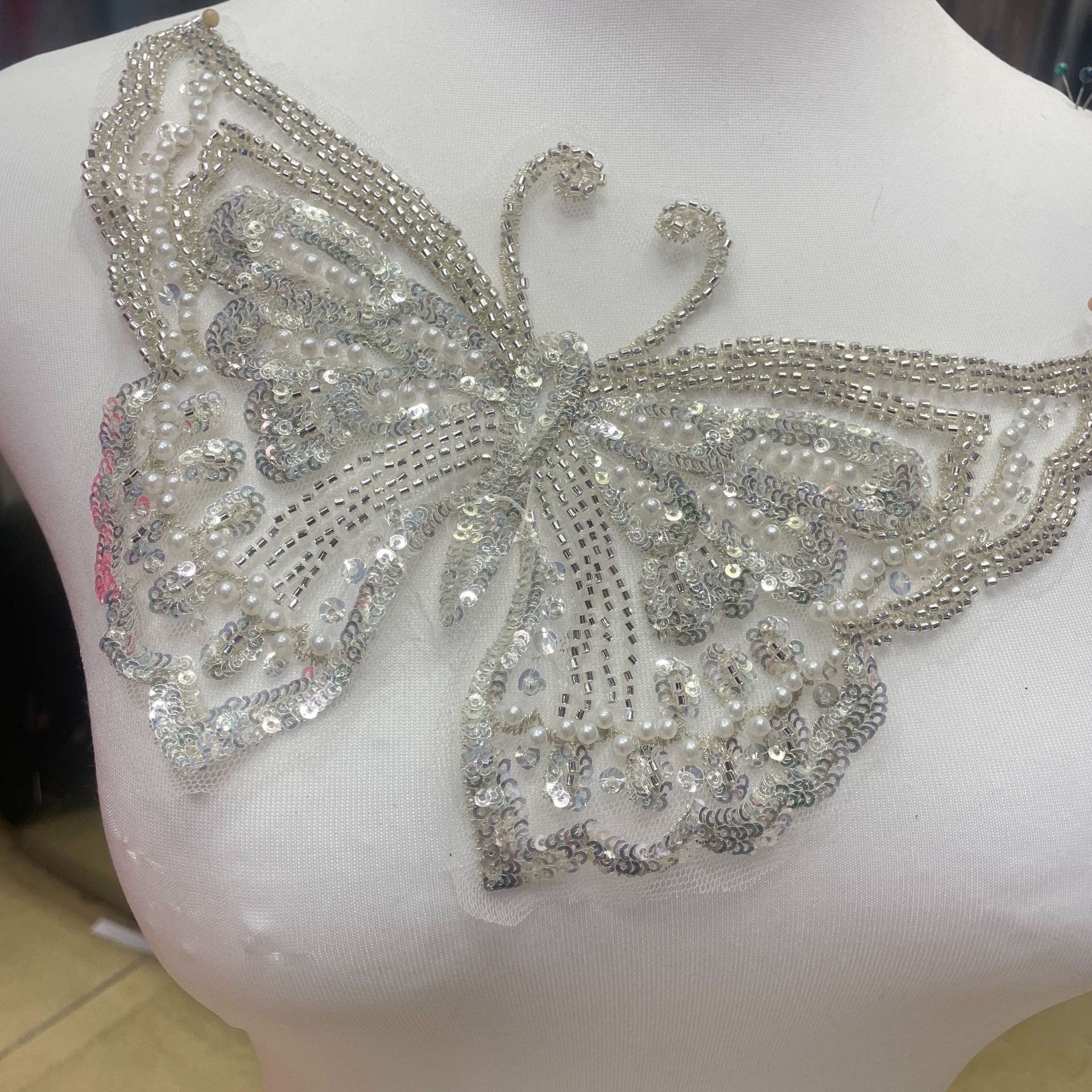 Machine-Embroidered Beaded Sequin Butterfly Collar Applique - 3D Floral Lace Neck Patch for Bridal Gown & Evening Dress DIY Decor - Image 6
