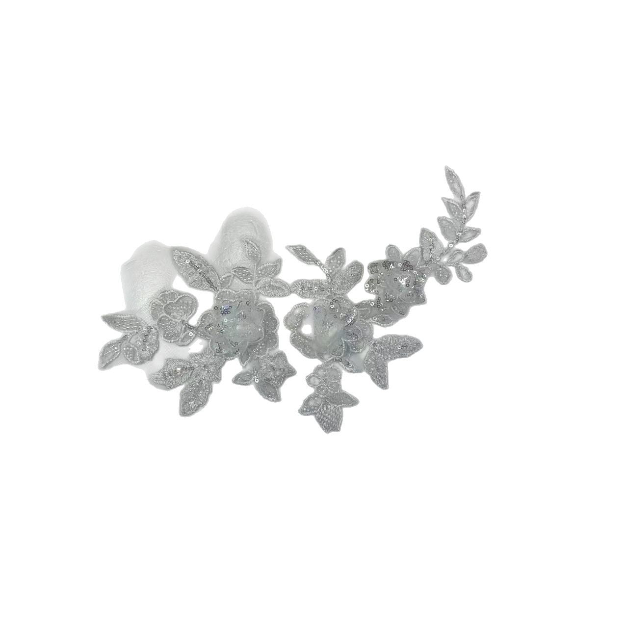 Shimmering Lace Floral Appliqué with Crystal Beads, Metallic Cord & Tulle – Matching Pair Embroidered Trim for Collar, Bridal Gowns & DIY Wedding Dress Embellishment - Image 5