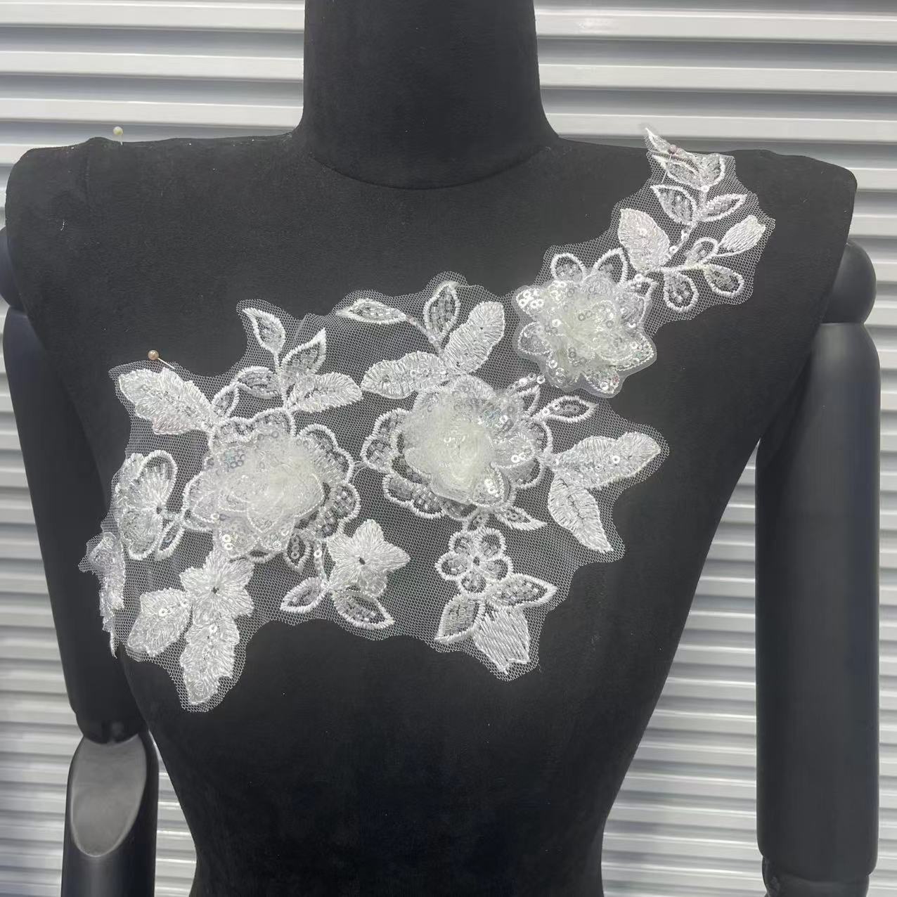 Shimmering Lace Floral Appliqué with Crystal Beads, Metallic Cord & Tulle – Matching Pair Embroidered Trim for Collar, Bridal Gowns & DIY Wedding Dress Embellishment - Image 6