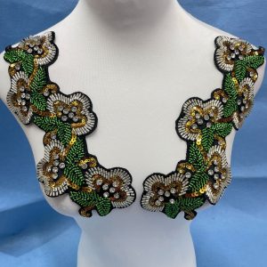 Multicolor Hand-Beaded Lace Appliqué with Seed Beads & Crystal Glass Rhinestones – Bohemian Ethnic Embroidered Patch for DIY Fashion, Jackets, Bags & Cultural Costume Embellishment