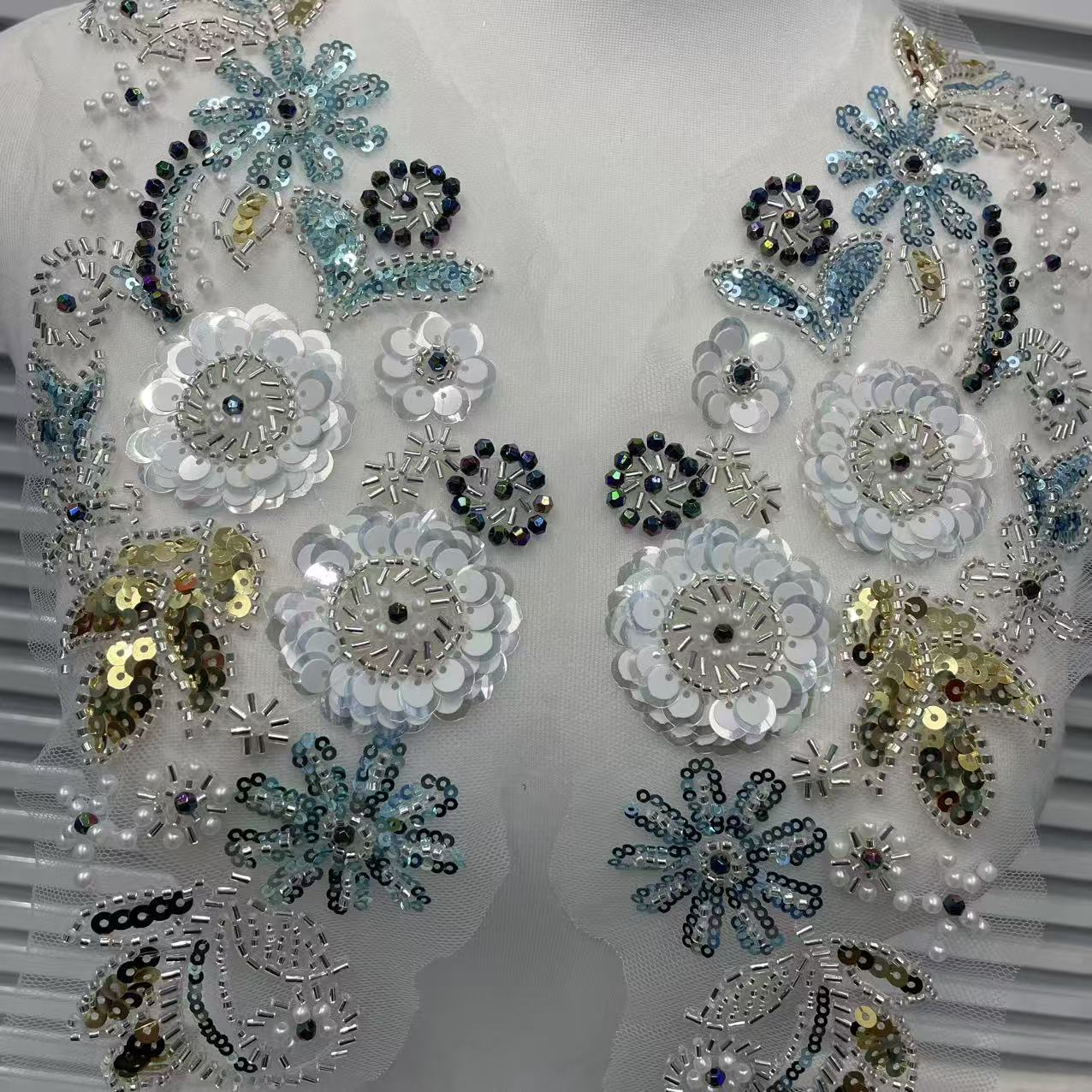 3D Beaded Floral Appliqué for Wedding Dresses | Crystal & Pearl Collar Trim - Image 4