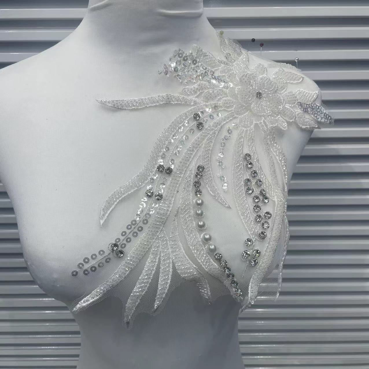 Beaded Sequin Lace Appliqué for Wedding Dresses | Floral Shoulder Trim - Image 6