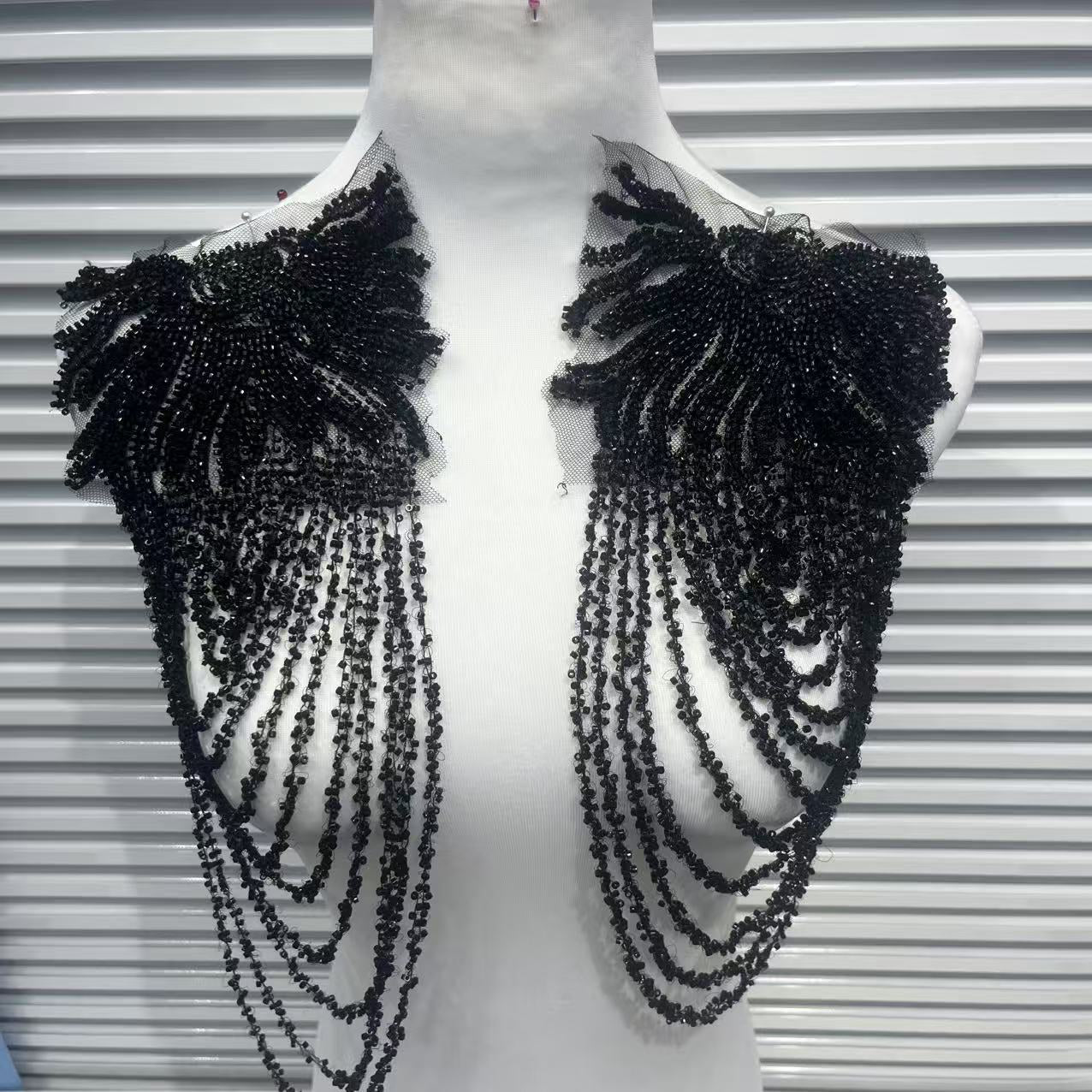 Elegant Vintage Bridal Shoulder Applique, Heavy Embroidery Patch with Crystal Pearl Beads Fringe for Wedding Gown, Prom Dress, Pageant Costume - Image 7