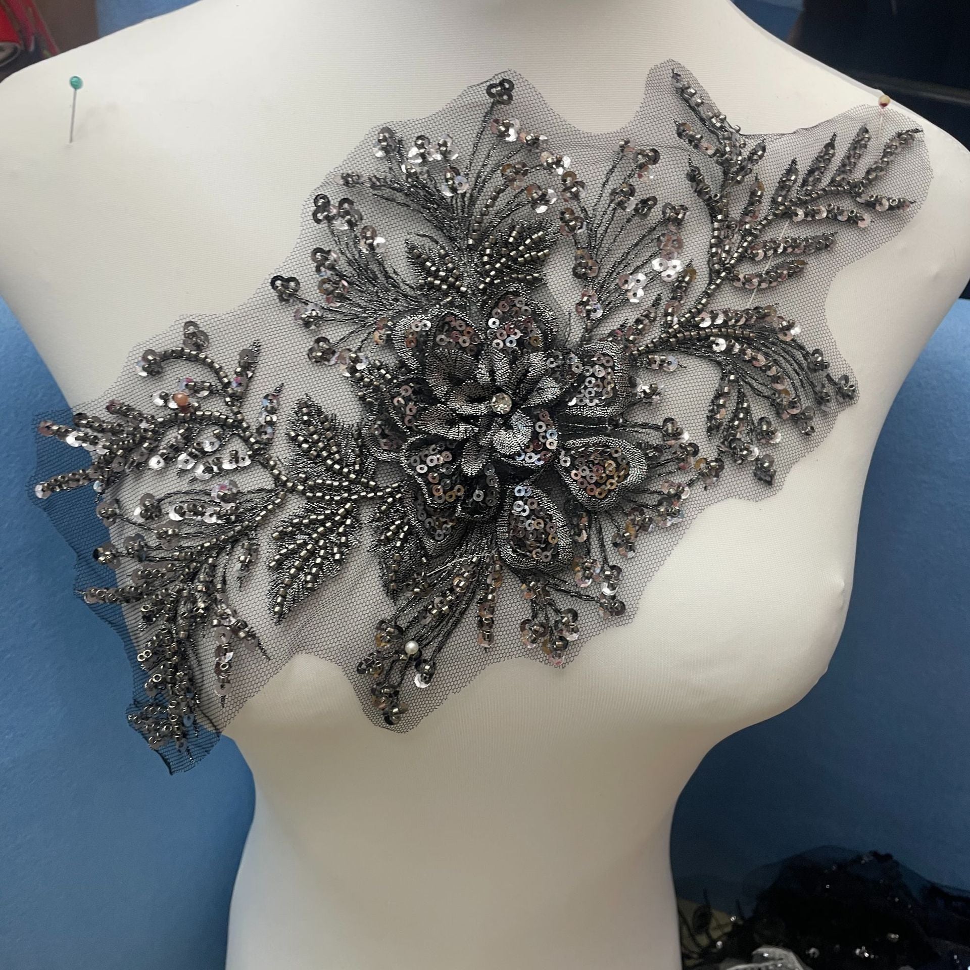 Premium Lace Floral Appliqué with Hand-Sewn Beads & Sequins – Embellished Wedding Dress Trim for Bridal Gowns, DIY Sewing Embroidery Patch, Delicate Lace Edging for Formal Wear & Craft Projects - Image 3