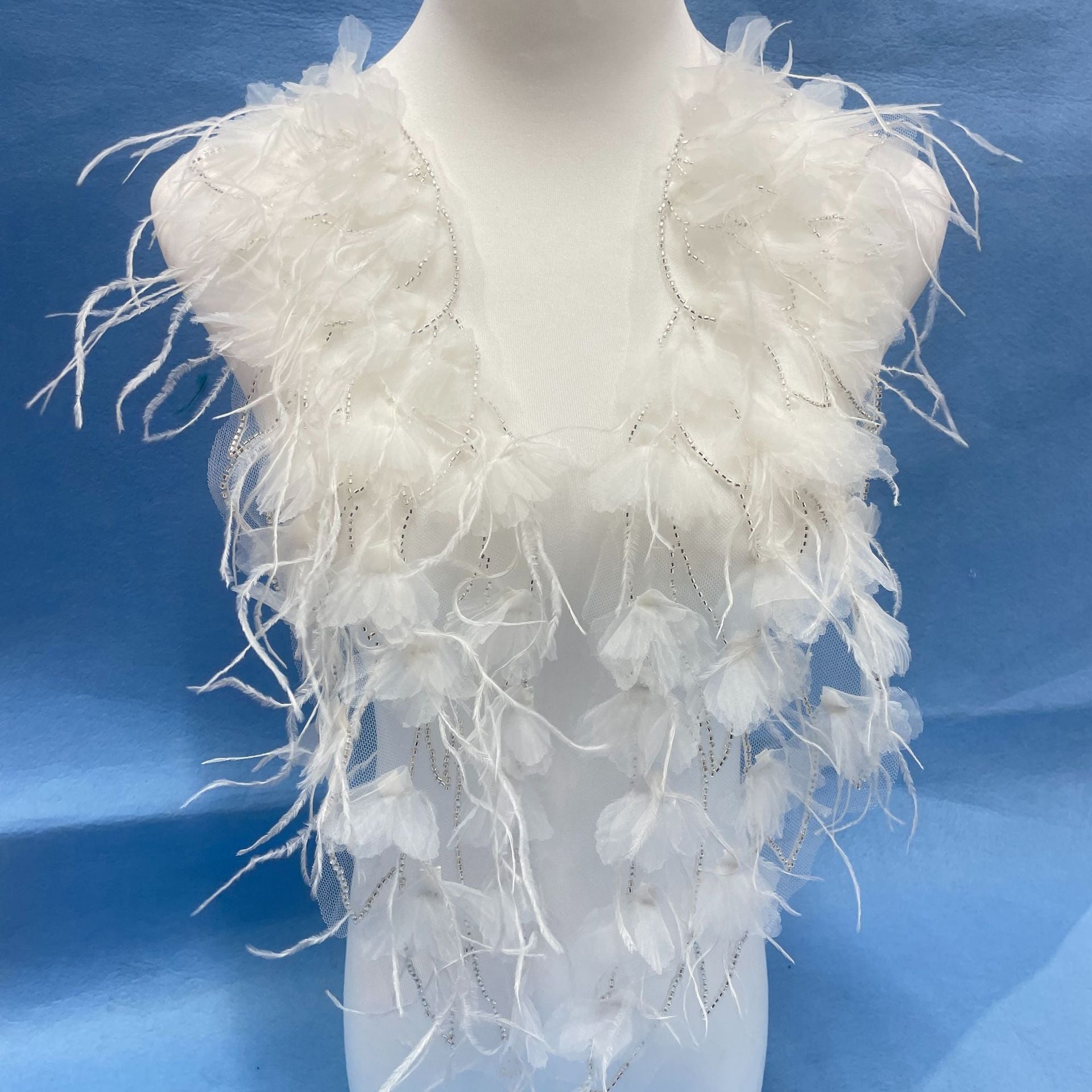 Ultra-Embellished Ostrich Feather & Beaded 3D Floral Sleeve Appliqué – Ethereal DIY Trim for Evening Gowns, Stage Costumes & Bridal Fashion Accessories - Image 3