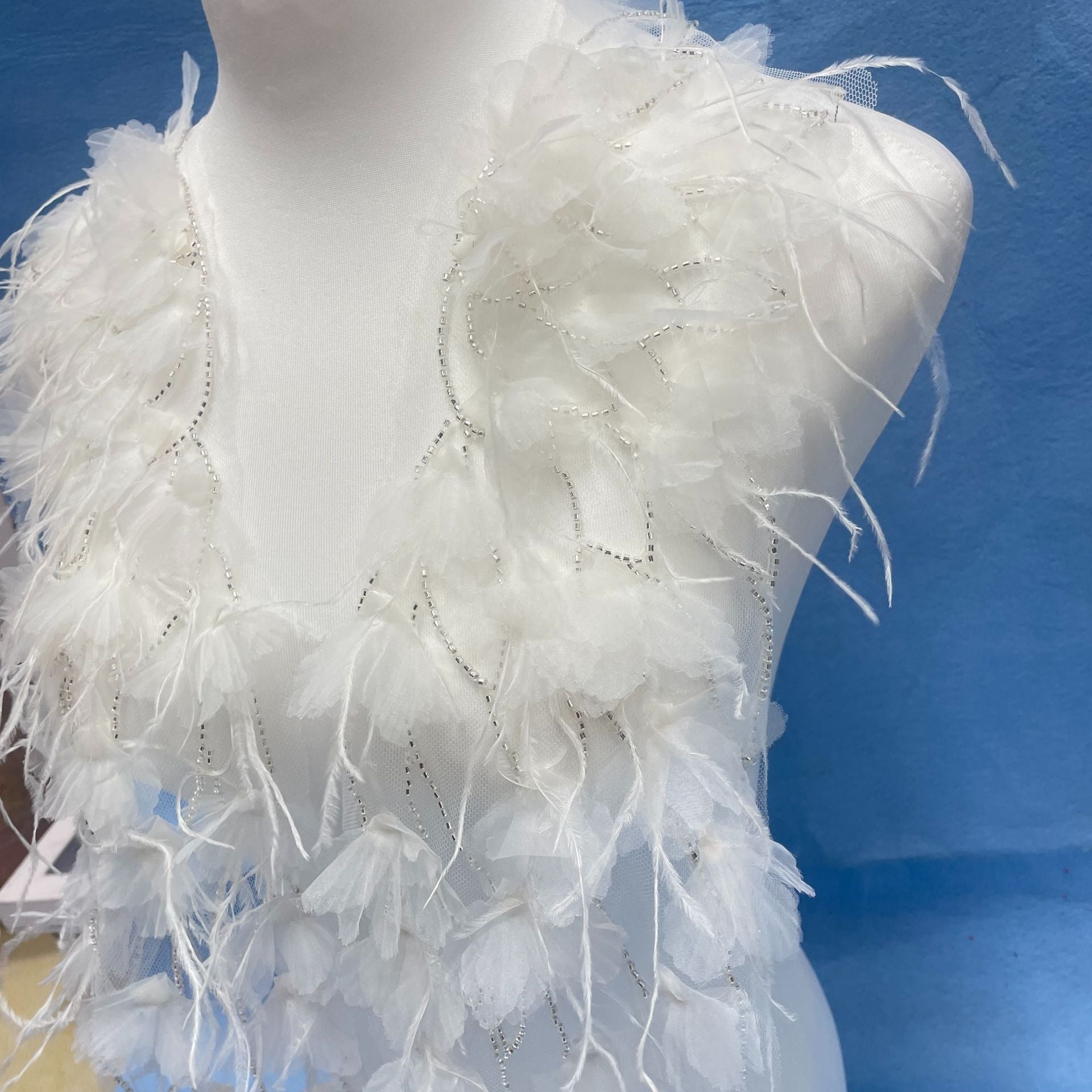 Ultra-Embellished Ostrich Feather & Beaded 3D Floral Sleeve Appliqué – Ethereal DIY Trim for Evening Gowns, Stage Costumes & Bridal Fashion Accessories - Image 4