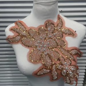 3D Beaded Floral Appliqué for Wedding Dresses | Rhinestone Neckline Trim