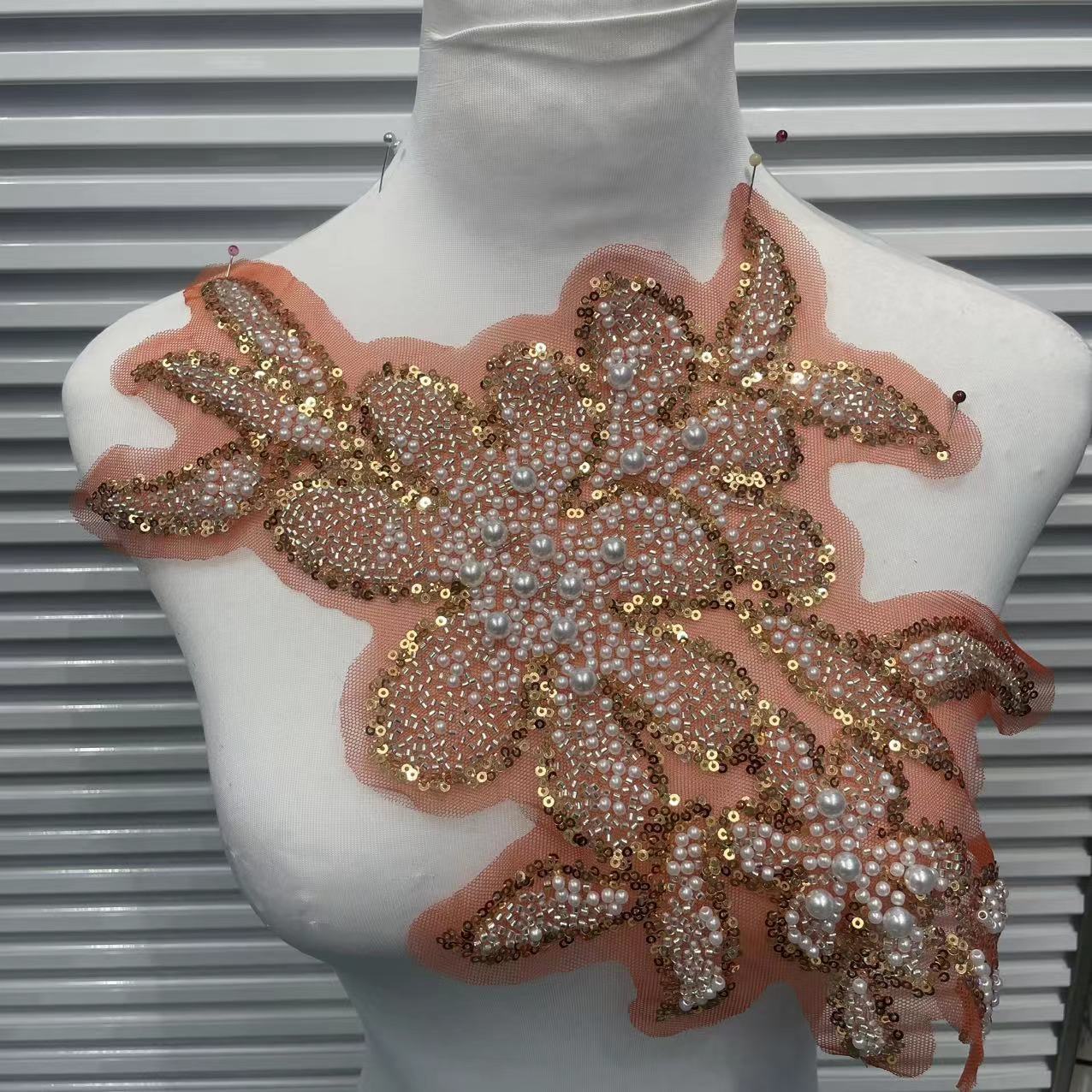 3D Beaded Floral Appliqué for Wedding Dresses | Rhinestone Neckline Trim
