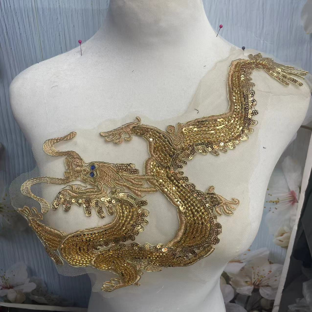 Dragon and Phoenix Embroidery Patch, Gold Sequins Applique for Wedding Cheongsam, Bridal Qipao, Traditional Chinese Costume - Image 7