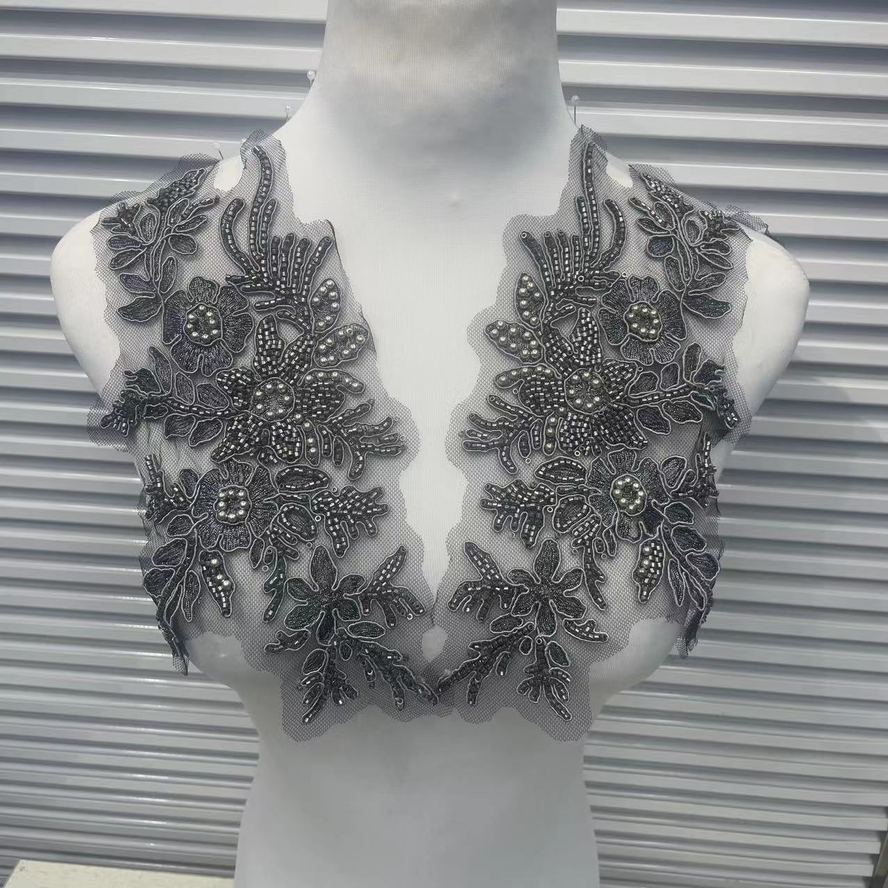 Sequin Lace Appliqué for Wedding Dresses | Multicolor Floral Neckline Trim