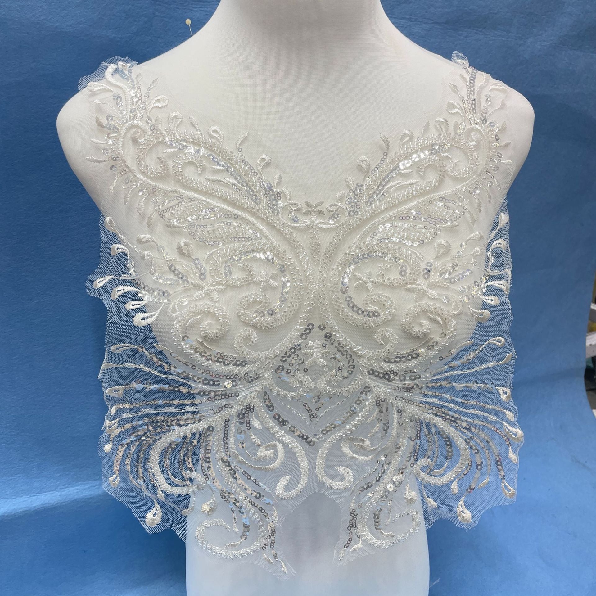 Lace and Sequin Embroidered Appliqué Patch for Front & Back of Wedding Dresses – DIY Decorative Trim with Elegant Lace & Sparkling Sequins for Bridal Gowns, Evening Wear & Custom Sewing Projects