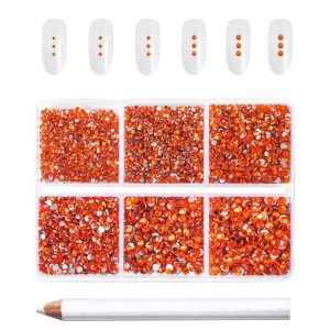 7200pcs Flatback Rhinestones,Nail Gems Round Crystal Rhinestones for Crafts,Mixed 6 Sizes with Wax Pencil Kit, SS3-SS10- Orange